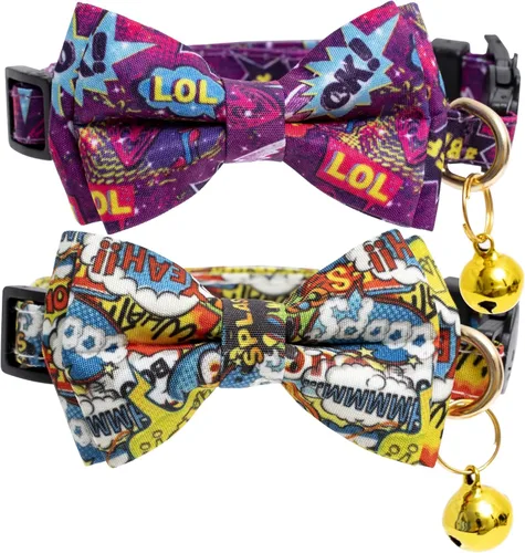 Miniatura 12 de Faygarsle Paquete de 2 collares de gato lindos con campana de moño separable para gatos machos y hembras, patrón de sandía, limón y rosa de lujo