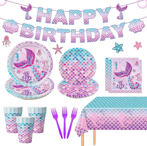 Juego de 122 decoraciones para fiesta de cumpleaños de sirena, incluye platos, servilleta, tenedor, taza, mantel, pancarta para baby shower,