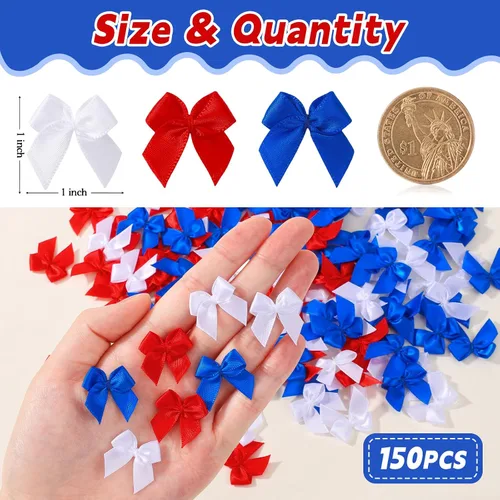 Miniatura 2 de yoyokid 150 lazos de cinta de satén de 1 pulgada para el 4 de julio, pequeños lazos de manualidades, decoración patriótica para bricolaje, pinzas