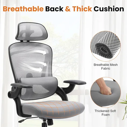 Miniatura 3 de Silla de oficina ergonómica de malla, silla de escritorio de computadora con respaldo alto con reposacabezas ajustable y soporte lumbar, silla Gris