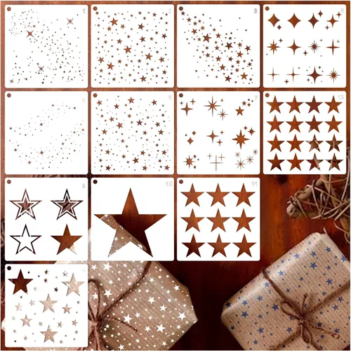 12 plantillas de estrellas brillantes con fondo de estrellas, plantillas de manualidades, plantillas de medios mixtos para pintar en manualidades,