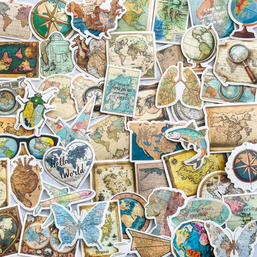 YOKSAS 50 calcomanías de mapa del mundo vintage, calcomanías estéticas de brújula de globo de viaje retro para diario, álbumes de recortes, Retro