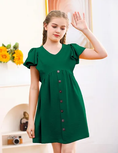 Miniatura 4 de UELoop Girls Summer Ruffle Sleeve Dress 2023 V-Neck Flowy Dress Kids Casual Babydoll Party A-line Swing Dresses 5-14Y
