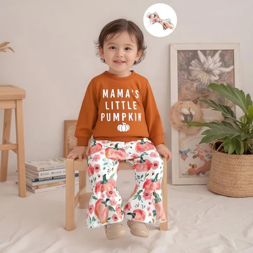 Miniatura 69 de Conjunto de sudadera con cuello redondo y estampado de pastel de calabaza para niña, camiseta y pantalones acampanados
