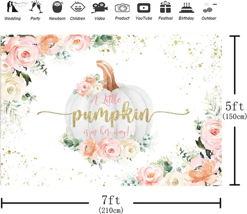Miniatura 4 de Telones de fondo de calabaza para baby shower, decoración de fondo rosa floral de otoño para niñas recién nacidas (7 x 5 pies)