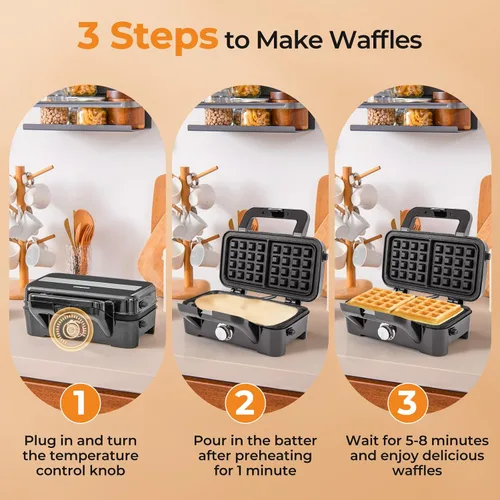 Miniatura 7 de BECOMFORT Máquina de gofres 3 en 1, prensa de sándwich con 3 placas antiadherentes extraíbles, luces indicadoras, mango de tacto frío, sandwich