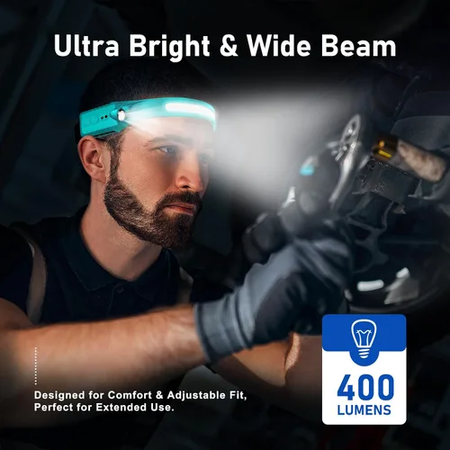 Miniatura 7 de Nessciera Linterna LED recargable (Azul), 400 lúmenes, haz ancho de 230°, USB-C, IPX4, 5 modos — Banda ajustable ligera; clips para casco