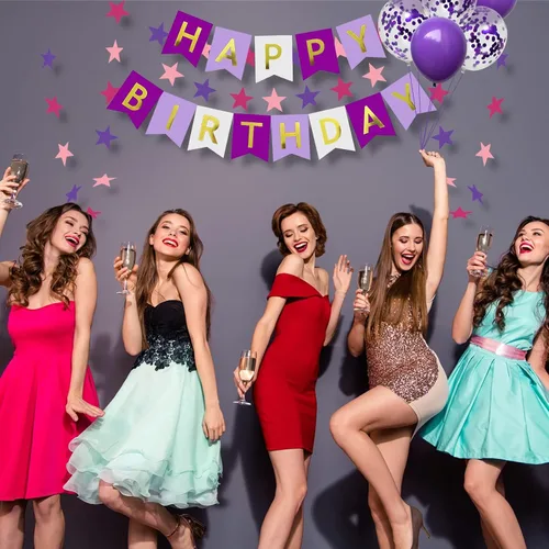 Miniatura 4 de Decoraciones de cumpleaños número 10 para niñas, globos morados de feliz cumpleaños, pancarta, globos de números, serpentinas de estrellas