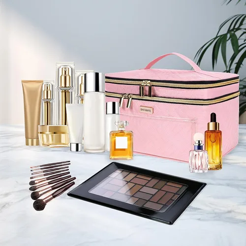 Miniatura 2 de BAFAMYE Bolsa de Maquillaje de Viaje de Doble Capa para Mujeres, Estuche Cosmético Grande, Organizador para Accesorios de Tamaño de Viaje, Botellas