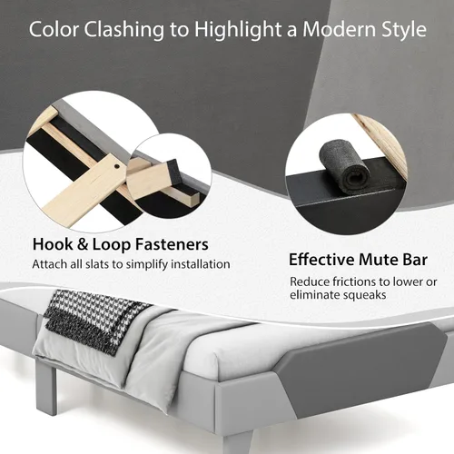 Miniatura 8 de Giantex Base de cama tapizada de terciopelo individual con cabecero, cama de plataforma moderna con listones de madera fuertes y estribo de 2