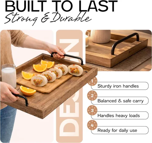 Miniatura 3 de Besti - Juego de 2 bandejas rústicas vintage para servir comida Tabla de madera anidable con asas de metal Elegantes platos de servir de Rústico