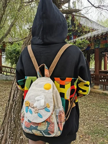 Miniatura 22 de HUANGGUOSHU Mochila de algodón tejida de algodón bohemio con bordado de lona estilo bohemio con múltiples bolsillos retro linda mochila cartera