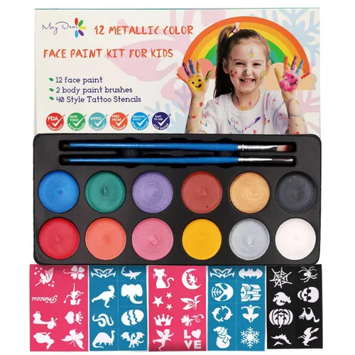 Maydear Kit de Pintura Facial para Niños, 12 Colores Seguros y No Tóxicos, Pintura Facial y Corporal Grande a Base de Agua - Perla