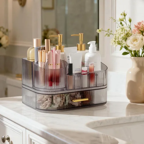 Miniatura 3 de Delamu Organizador de maquillaje para tocador con cajones apilables, soporte giratorio de 360º para brochas de maquillaje, vitrina grande