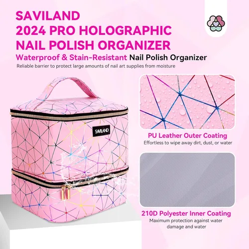 Miniatura 5 de SAVILAND Bolsa Organizadora de Esmalte de Uñas: Organizador de Almacenamiento de Esmalte de Uñas de Cuero PU que Contiene 30 Botellas y Lámpara