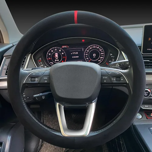 Miniatura 8 de Carodi Funda de gamuza para volante, de cuero antideslizante, ajuste interior de automóvil de 15 pulgadas, universal Negro (etiqueta azul)