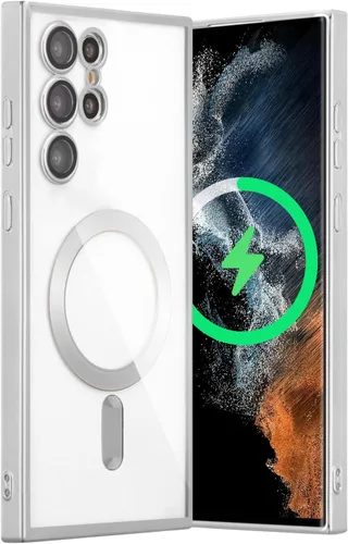Miniatura 13 de QLTYPRI Funda magnética transparente para Samsung Galaxy S22 Ultra compatible con carga inalámbrica MagSafe, borde galvanizado, suave, delgada, Negro