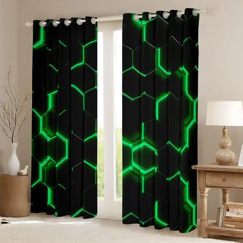 Miniatura 3 de Feelyou - Cortinas de ventana en forma de panal, tema geométrico hexagonal con luces de neón verdes, para chicos adolescentes y hombres, elegante