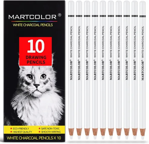 MARTCOLOR Juego de lápices de carbón blanco profesionales, 10 piezas lápices de carbón para resaltar bocetos para dibujar, bocetar, sombrear, blanco