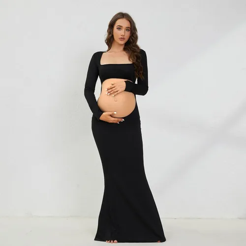 Miniatura 4 de AIFOTO Vestido de maternidad sexy expuesto vientre de manga larga sin espalda cuello cuadrado recortado vestidos de fotografía vestidos de sesión