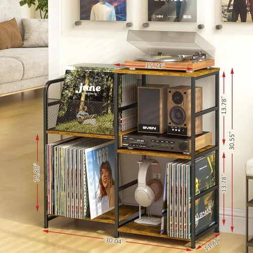 Miniatura 2 de ThreeHio Soporte para tocadiscos, soporte para tocadiscos con almacenamiento de vinilo con capacidad para hasta 300 álbumes, armario