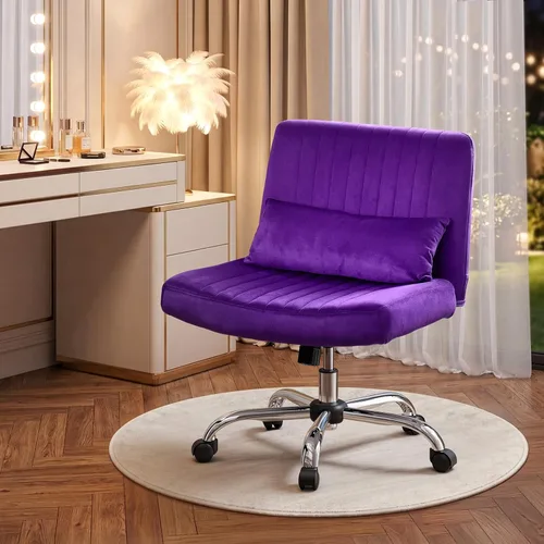Miniatura 12 de Warmiehomy Silla de oficina cruzada de terciopelo con ruedas, silla de escritorio de lujo con patas cruzadas para dormitorio, silla de computadora