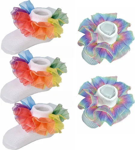 Hopply Baby Girls Ruffle Rainbow Socks Toddler Princess Ankle Lace Socks Infant Kids Big Double Lace Frilly Trim Dress Socks