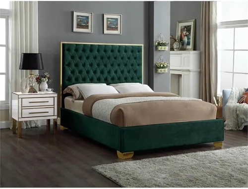 Miniatura 2 de Meridian Furniture Colección Lana Modern Cama tapizada de terciopelo contemporáneo con acolchado profundo detallado y patas doradas, tamaño Verde