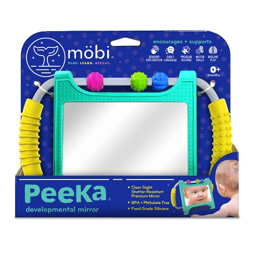 Mobi Peeka - Juguete de actividad – Espejo de bebé boca abajo, juguetes Montessori de silicona de grado alimenticio, espejo inastillable para bebés,