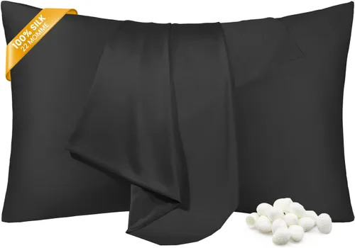 THXSILK Funda de almohada de seda de morera 100% pura para cabello y piel, fundas de almohada de seda negra de lujo de 22 momme con cierre de
