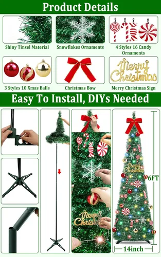 Miniatura 4 de [Temporizador] Árbol de Navidad desplegable de 6 pies, árbol de Navidad plegable verde con 50 luces coloridas, 16 caramelos, 10 bolas, 4 copos