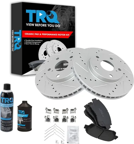 TRQ Kit de pastillas de freno y rotor de rendimiento delantero, kit químico de freno, pastillas de freno, rotores de freno de cerámica premium con