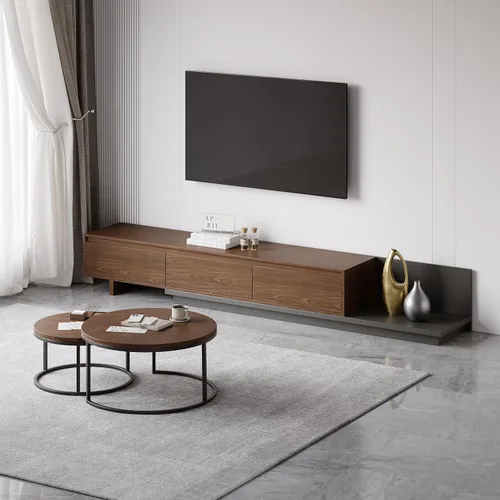 Miniatura 10 de homary Soporte de TV extensible y mesa auxiliar anidable, centro de entretenimiento moderno de 2 piezas con cajones para sala de estar