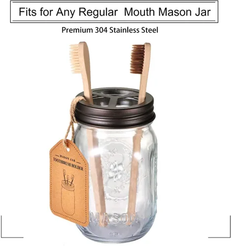 Mason Jar - Soporte para cepillos de dientes – Bronce – con vidrio genuino de 16 onzas Mason Jar para tarro Mason de boca regular, acero inoxidable