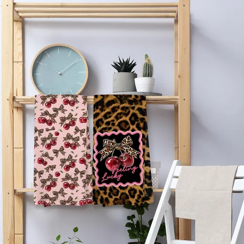 Miniatura 6 de Juego de 2 toallas de cocina retro con lazo de leopardo, decoración de baño femenina de leopardo, toallas de mano con estampado de guepardo