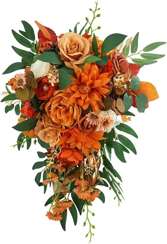 Ansofi Ramos de boda de color naranja quemado de 11 pulgadas para novia, rústico, bohemio, ramo de novia en cascada, flores para otoño, vintage,