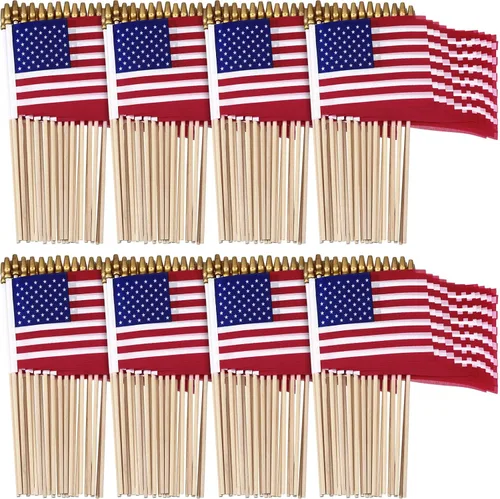 Shimeyao Paquete de 100 banderas americanas pequeñas en palillos de 4 x 6 pulgadas, mini banderas a granel para el Día de la Independencia