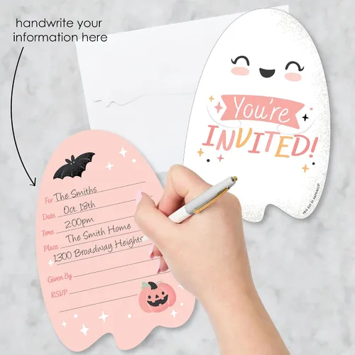Miniatura 2 de Big Dot of Happiness Tarjetas de invitación de Halloween rosadas, invitaciones para fiesta de calabaza con sobres blancos de primera calidad, juego