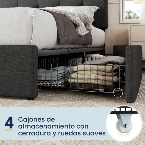 Miniatura 5 de Allewie - Base de cama con plataforma de tamaño King, tapizada, con 4 cajones de almacenamiento y cabecera, diseño cosido en cuadrados con botones