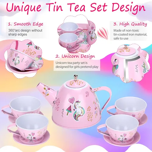 Miniatura 3 de Juego de Té Juguetes para Niñas 36 piezas, Juego de Fiesta de Té de Unicornio de Hojalata Juguete de Juego de Simulación Regalos para Niñas Pequeñas