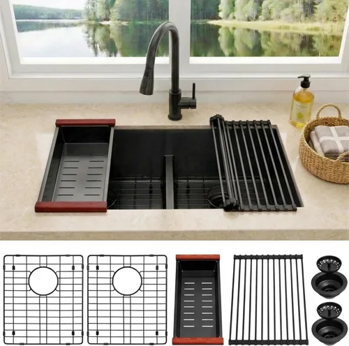Miniatura 15 de Fregadero de Cocina de Doble Tazón 30" X 18", Fregadero de Cocina Negro de Montaje Inferior, Fregaderos Dobles de Montaje Inferior de Acero Acero