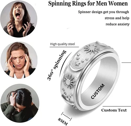 Miniatura 2 de Anillo giratorio de acero inoxidable personalizado para la ansiedad, anillos negros para aliviar el estrés y la ansiedad, anillo para hombres