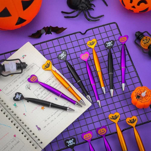 Miniatura 4 de Teling Paquete de 24 bolígrafos de Halloween con forma de calabaza, calavera, murciélago, corazón, 0.039 in, tinta negra, bolígrafos retráctiles