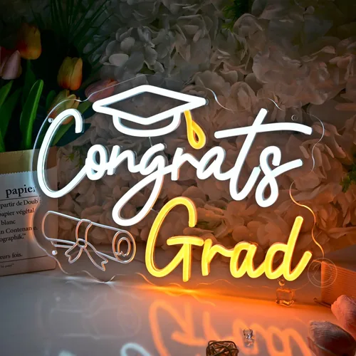 Miniatura 5 de Britrio Letrero de neón con texto en inglés "Congrats Grad" para graduación, celebración, fiesta, decoración iluminada, clase de 2026