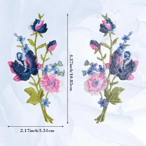 Miniatura 2 de HINZIC 4 parches bordados de flores rosas para coser para planchar, ramo floral rosa y azul bohemio para ropa, jeans, chaquetas, bolsas de vestir