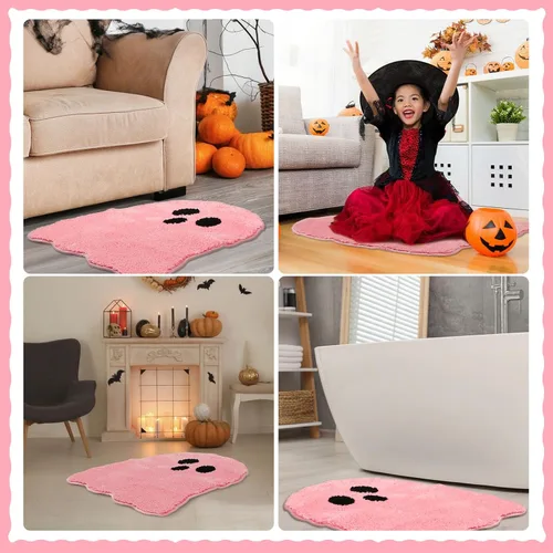 Miniatura 6 de Nuanchu Alfombra de baño con forma de fantasma rosa, bonita alfombra de baño de Halloween, alfombra de ducha estética de microfibra para Halloween