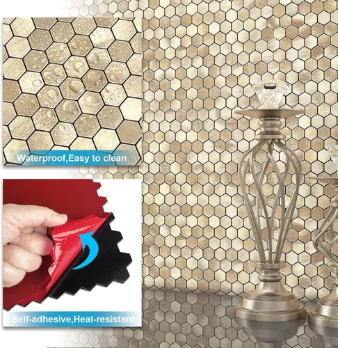 Miniatura 5 de BeNice Azulejos de mosaico de cocina para despegar y pegar, calcomanías de metal pequeñas hexagonales (10 unidades, champán dorado)