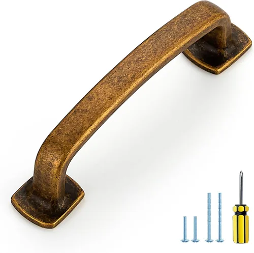 Ravinte Tiradores de Armario Arqueados Sólidos Paquete de 10 de 3 Pulgadas Latón Antiguo Manijas de Gabinete de Cocina de Base Cuadrada Plana