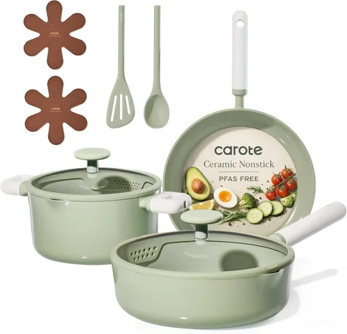 CAROTE - Juego de ollas y sartenes antiadherentes, juego de utensilios de cocina de cerámica, juego de cocina verde para inducción con vaporera,
