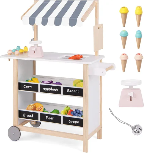 Miniatura 10 de HONEY JOY Carrito de Helados para Niños, Set de Juego de Tienda de Abarrotes de Madera con 6 Piezas de Comida de Juguete, Campana Realista y Báscula